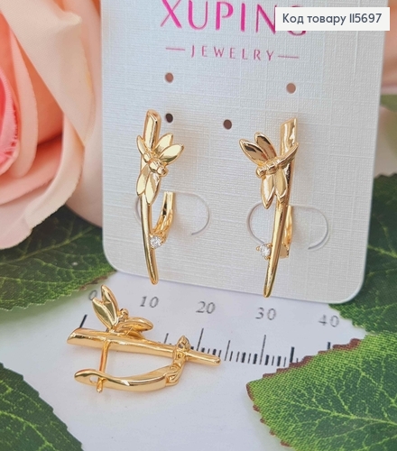 Серьги стрелы 2,5см , "Бабка на камышке" с камешком, англ. зам. Xuping 18K 115697 фото 1