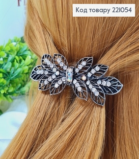 Заколка автомат металл 9,5см ЛИСТИКИ В КАМНЯХ (металлик) 221054 фото