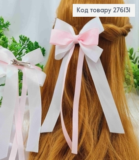 Бант РОЖЕВО-БІЛОГО кольору, на заколці 4см, тканина репс, розмір 12*18,5см, ручна робота, Україна 276131 фото