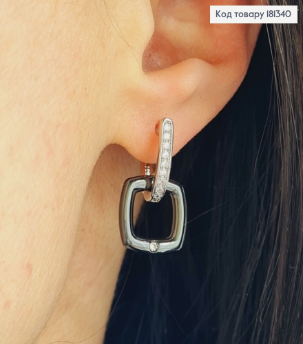 Серьги родованные, с подвесками черными квадратиками, с камешками, 2,5см, англ. зам. Xuping 181340 фото 1