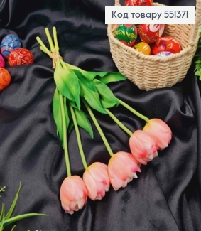 Искусственные цветы ТЮЛЬПАН Пионовидный, Нежно-Розовые (латексные), 5шт/букет, выс. 38см, цветок 4см 551371 фото