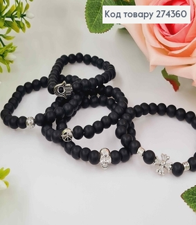 Браслет на резинке, из черных матовых бусинок, с символами в ассорт. 274360 фото