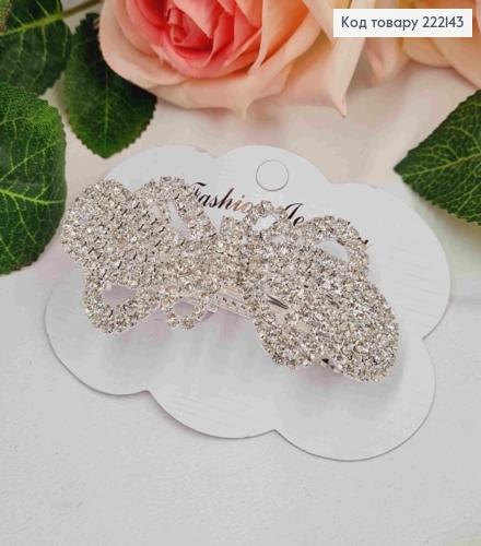 Заколка автомат (6см), Бантик с блестящими камешками, серебряного цвета. 222143 фото 1
