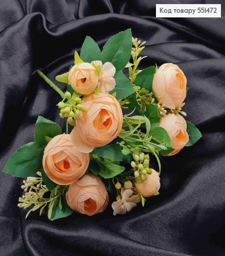 Штучна композиція Піоновидні Троянди, ПЕРСИКОВОГО кольору, 7 гілочок на метал. стержні, висота 34см 551472 фото 1