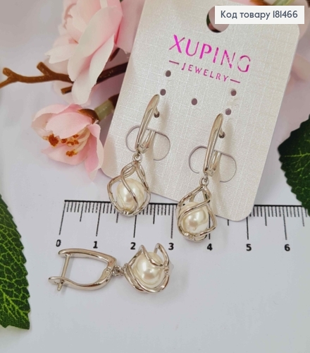 Серьги родованные, с подвесной жемчужиной в спирали, 3,1см, англ застежка, Xuping 181466 фото 1