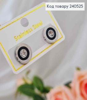 Серьги гвоздики "Римские часы" с черной вставкой и камнем, 1.4см, Stainless Steel 260027 фото