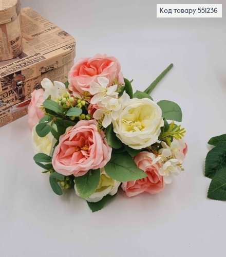 Композиція "Букет РОЖЕВИХ та БІЛИХ піонів з зеленими ягідками та яблуневим цвітом", висотою 46см 551236 фото 2