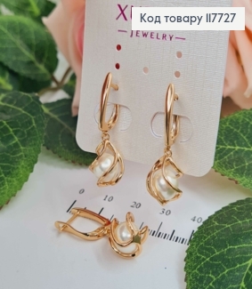 Серьги, "Спираль" с подвижной жемчужиной, 1,6+1,6см, англ. зам. Xuping 18K 117727 фото