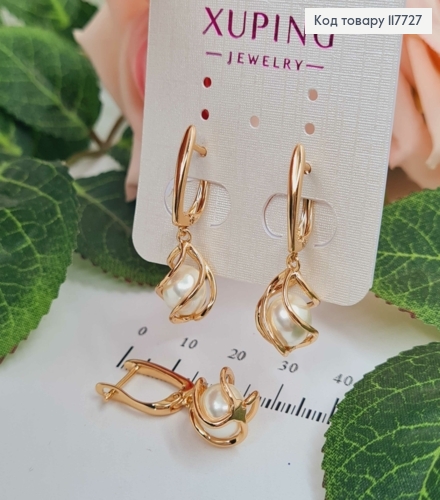 Сережки, "Спіраль" з рухливою перлинкою, 1,6+1,6см, англ. заст. Xuping 18K 117727 фото 1