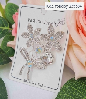 Брошь, "Букетик Цветов" с Блестящими камешками, 6см, Серебряного цвета 235384 фото