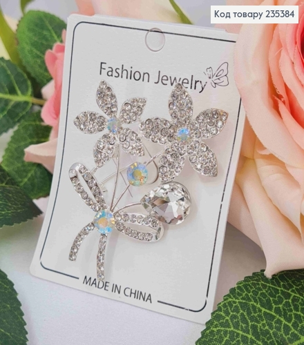 Брошь, "Букетик Цветов" с Блестящими камешками, 6см, Серебряного цвета 235384 фото 1