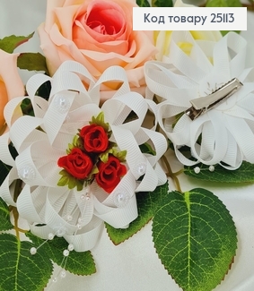 Заколка стрела белая с красными цветочками  в центре репс, ручная робота Украина 25113 фото