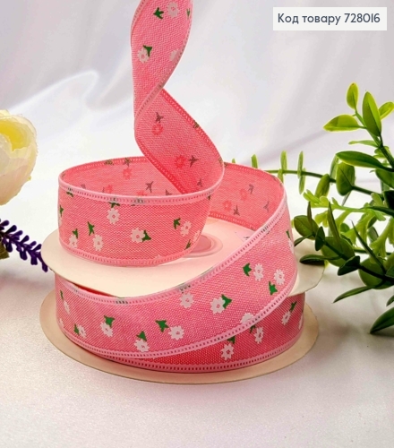Лента тканевая Розовая с принтом ЦВЕТОЧКИ, ширина 2,5см, длина 20 ярдов (18м) 728016 фото 1