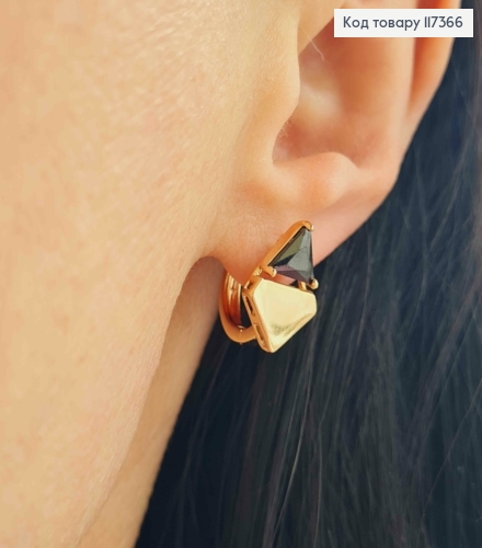 Серьги кольца 1,4см, Ромбик с Треугольным Черным камешком, размер 1,5*1см, Xuping 18K 117366 фото 2