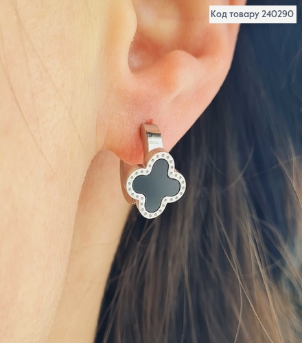 Серьги кольца 1см Четырехлистник черная эмаль, цвет серебро Stainless Steel 240290 фото 2