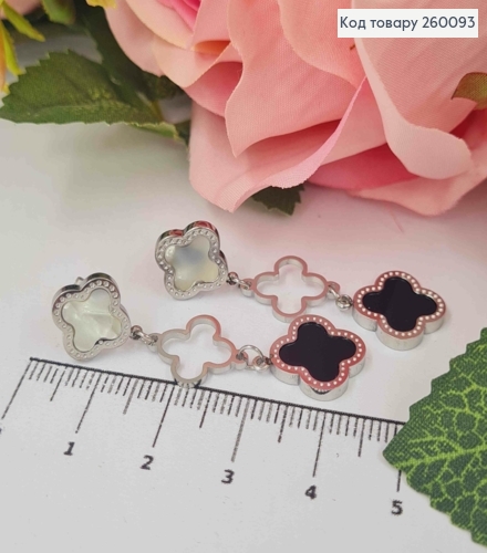 Серьги гвоздики "Van Cleef" с черной и перламутровой эмалью, серебряные 4,5см, сталь Stainless Steel 260093 фото 2