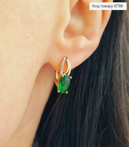 Серьги "Лепесток" с камешками и большим Зеленым камешком 1,7см, англ застежка, Xuping 18К 117316 фото 2