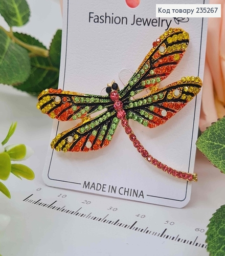 Брошь Стрекоза в камнях Оранжевого и Зеленого цветов 6*4,5см 235267 фото 1