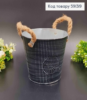 Відерце-кашпо, метал, чорного кольору, з ручками з шпагата, висота 14см, Польща 591319 фото