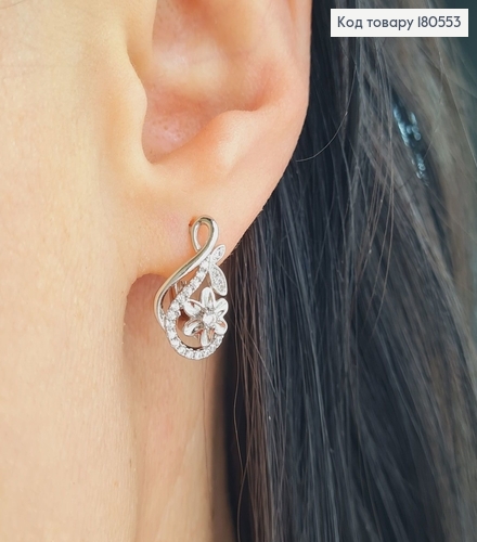 Серьги родированные Нота счастья с цветочком и камнями, английская застежка 1.7 см, Xuping 180553 фото 2