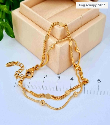 Браслет двойной, ПАНЦИРНОЕ ПЛЕТИНИЕ + СНЕЙК с шариками и пластинками, длина 17+3см, Xuping 18К 151157 фото 1