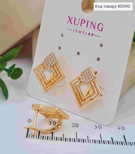 Серьги "Ромб" с Блестящими камешками, длина 1,7см, английская застежка, Xuping 18K 110090 фото 2
