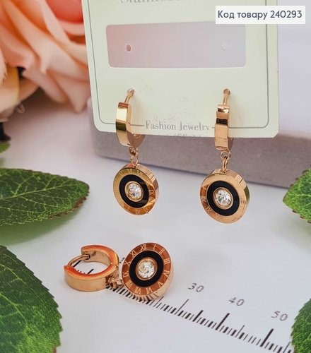Серьги кольца с подвеской "Римские часы" с камешком, Stainless Steel 240293 фото 1