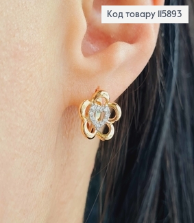 Сережки кільця 1см, з квіточкою та сердечком в камінцях, 1,2см, Xuping 18K  115893 фото