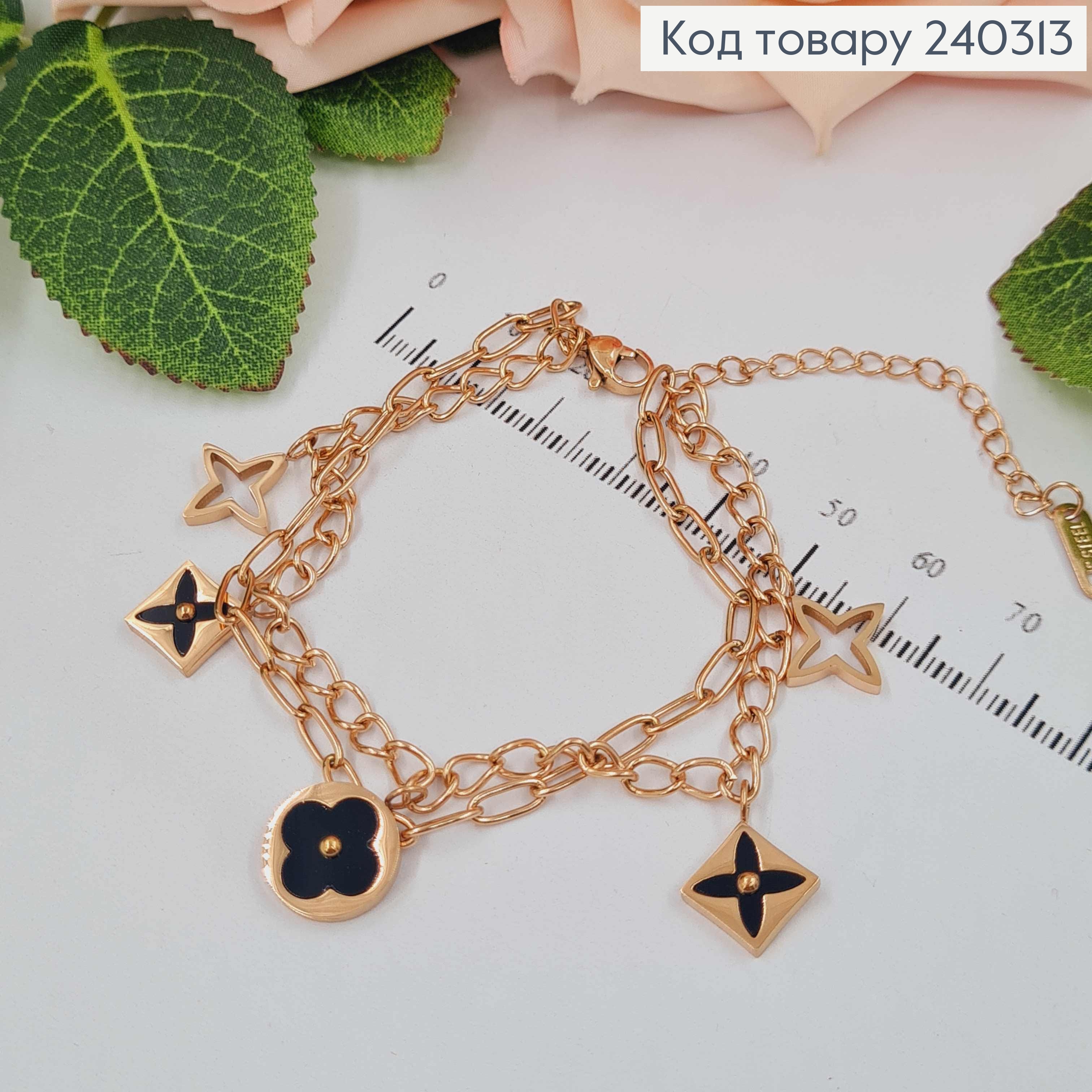 Браслет двойной, золотого цвета с пластинками с черной эмалью, 17,5+5см сталь Stainless Steel 240313 фото 1