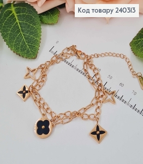 Браслет двойной, золотого цвета с пластинками с черной эмалью, 17,5+5см сталь Stainless Steel 240313 фото