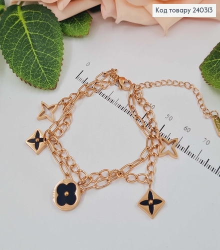 Браслет двойной, золотого цвета с пластинками с черной эмалью, 17,5+5см сталь Stainless Steel 240313 фото 1