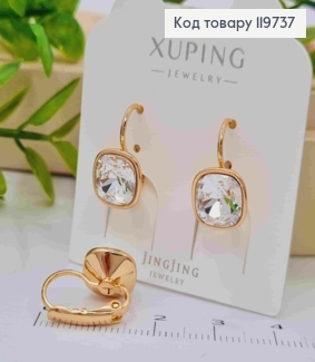 Сережки з квадратним Блискучим каменем Сваровскі, довж. 1,5см, застібка левербек, Xuping 18К 119737 фото