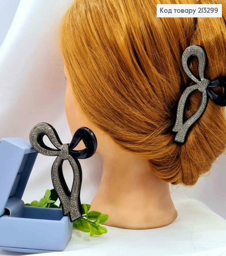 Краб пластик "БАНТИК" украшен серыми камнями, размер 9см, черного цвета. 213299 фото 1