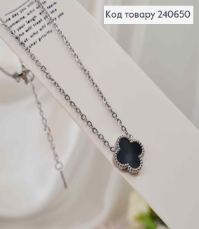 Ланцюжок срібного кольору, "Van Cleef" з Чорною емаллю, 42+6см, сталь Stainless Steel 240650 фото