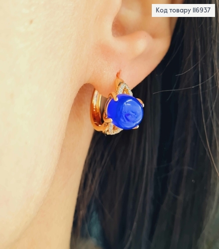 Серьги кольца 1,5см, с большим синим камнем, Xuping 18K 116937 фото 2