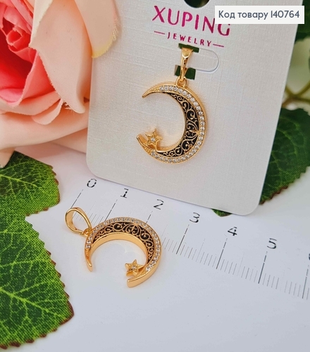 Кулон "Полумесяц" со звездочкой, черный, в камнях, 2см, Xuping 18K 140764 фото 1