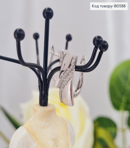 Серьги Прямокутные с Волной  в камнях 2*0,9см (англ. застежка) родированые Xuping 180588 фото 3