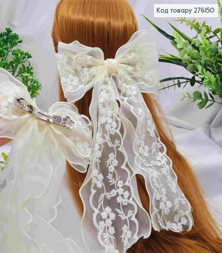 Бант КРЕМОВОЙ, на заколке 10см, ткань органза+кружево, размер 19*35см, ручная работа 276150 фото 1