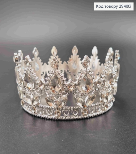 Корона под Серебро, "Королевская" с блестящими камнями, диаметр 8см, высота 4,5см (можно на торт) 294183 фото 1