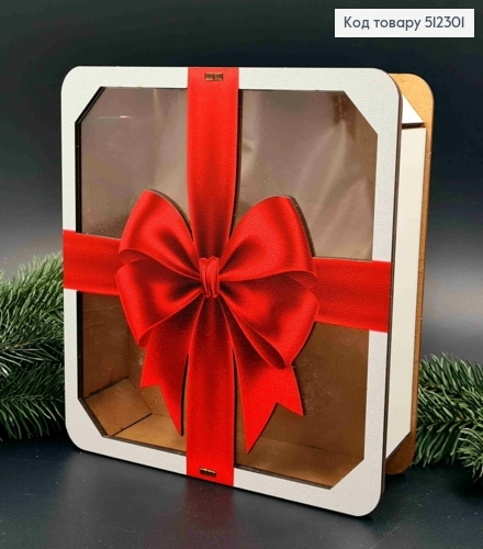 Подарункова дерев'яна коробка з принтом "Червоний Бант", Квадратна 20*20см, висота 6см 512301 фото 1