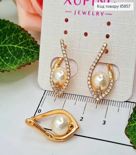 Серьги "Соцветие" с жемчужиной, в камнях, 2,5см, англ. зам Xuping 18К 115857 фото 1