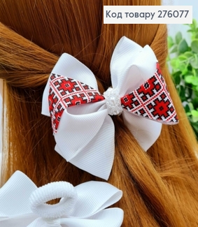 Бант БЕЛОГО цвета с Красной Вышивкой и Бусинками, на резинке, ткань репс, 9см, ручная работа 276077 фото