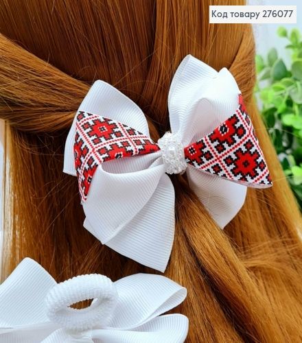 Бант БЕЛОГО цвета с Красной Вышивкой и Бусинками, на резинке, ткань репс, 9см, ручная работа 276077 фото 1