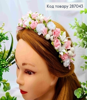 Обруч-венчик, плетеный, Розы с Калиной, БЕЛО-РОЖЕВОГО цвета, ручная работа, Украина. 287043 фото