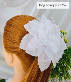 Резинка, Бант Белый, Органза, с блестящей сеткой, жемчужинами и пласт. усиками, 16см, руч раб, Украина 25257 фото