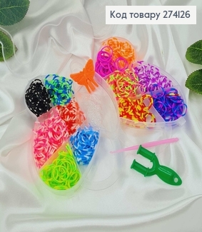 Резинки силиконовые в КОРОБОЧКЕ (бабочка), для плетения с крючком, держателем, петельками, в ассорт. 274126 фото