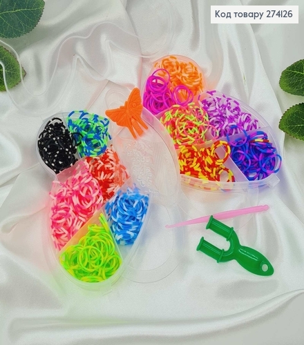 Резинки силиконовые в КОРОБОЧКЕ (бабочка), для плетения с крючком, держателем, петельками, в ассорт. 274126 фото 1