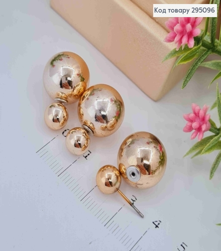 Серьги гвоздики, с двумя шариками, цвета розовое золото, 0,8-1,5см. 295096 фото 2