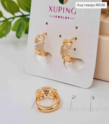 Серьги кольца украшены камешками и треугольниками, диаметр 1,5см, Xuping 18K. 119028 фото 2