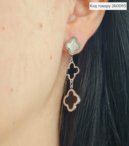 Серьги гвоздики "Van Cleef" с черной и перламутровой эмалью, серебряные 4,5см, сталь Stainless Steel 260093 фото 3